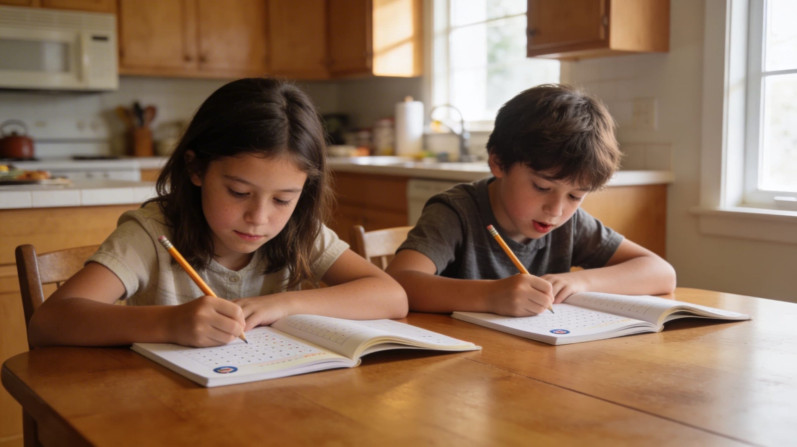 Zwei Kinder bei den Hausaufgaben — eines atmet durch den Mund, eines durch die Nase